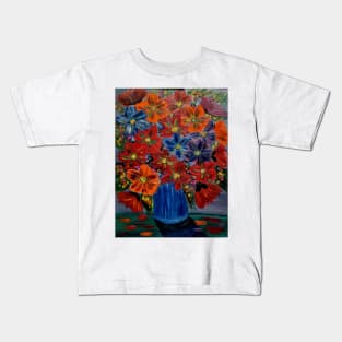 Beautiful floral paintings with abstract flowers in a blue vase Kids T-Shirt